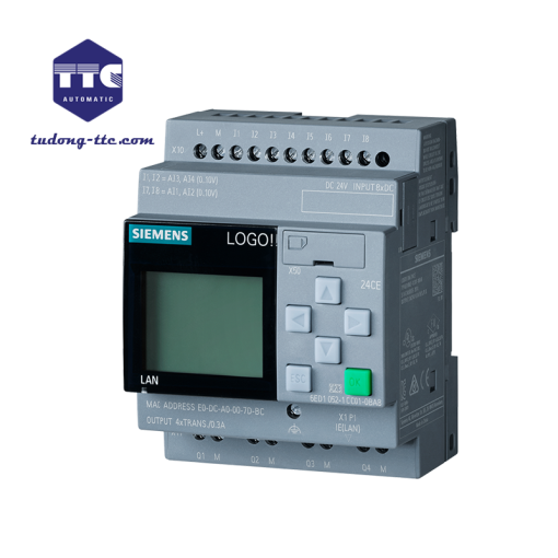 6ED1052-1MD08-0BA1 | LOGO! 12/24RCE logic module display PS/I/O: 12/24VDC/relay Mã sản phẩm Mô tả Trọng lượng (kg) 0,128 Kg Kích thước đóng gói (W x L x H) Xuất xứ Germany Bảo hành 12 tháng Chứng từ COCQ và hóa đơn VAT I. LOGO! BASIC MODULES WITH DISPLAY 1. TỔNG QUAN Các biến thể cơ bản tiết kiệm không gian Có thể xử lý giao diện kết nối các mô-đun mở rộng, lên đến 24 đầu vào kỹ thuật số, 20 đầu ra kỹ thuật số, 8 đầu vào tương tự và 8 đầu ra tương tự Tất cả các đơn vị cơ bản có máy chủ web tích hợp Chiều rộng vỏ 72 mm (4 MW) Tất cả các thiết bị cơ bản có giao diện Ethernet để giao tiếp với LOGO! 8, LOGO! TDE, Bộ điều khiển SIMATIC, Bảng SIMATIC và PC Sử dụng thẻ micro SD tiêu chuẩn 2. THIẾT KẾ Cổng mạng Đầu ra rơle với tối đa. 10 A đầu ra hiện tại Trường hiển thị tích hợp với đèn nền có thể tham số hóa (6 x 16 ký tự, 3 màu nền). Bảng điều khiển vận hành tích hợp. Tích hợp bộ nhớ EEPROM cho chương trình điều khiển và các giá trị điểm đặt. Thẻ micro CF tiêu chuẩn tùy chọn Đồng hồ thời gian thực tích hợp với chuyển đổi thời gian mùa hè / mùa đông tự động. Sao lưu đồng hồ thời gian thực tích hợp trong 20 ngày. 8 đầu vào kỹ thuật số, 4 đầu ra kỹ thuật số. 4 đầu vào như đầu vào tương tự trong các biến thể DC 12/24 V (0 đến 10 V); đầu vào cũng có thể được sử dụng kỹ thuật số. 4 đầu vào có thể được sử dụng để đếm tốc độ cao lên đến 5 kHz (chỉ dành cho phiên bản DC). Giao diện kết nối các mô-đun mở rộng, có thể xử lý tới 24 đầu vào kỹ thuật số, 20 đầu ra kỹ thuật số, 8 đầu vào tương tự và 8 đầu ra tương tự. Kết nối của LOGO! Hiển thị văn bản TDE qua Ethernet. 3. CHỨC NĂNG Tích hợp các chức năng cơ bản và đặc biệt: Các hàm logic cơ bản: AND, OR, NOT, NAND, NOR, XOR, đánh giá cạnh xung dương / âm. Các chức năng đặc biệt: Chậm trễ BẬT, Chậm trễ BẬT chốt, Chậm trễ TẮT, Rơ le xung, Rơ le khóa, Bộ đếm (tiến / lùi), chuyển đổi thời gian, Rơle thời gian trễ khoảng thời gian, Bộ đếm giờ hoạt động, Bộ kích hoạt, Bộ tạo xung không đồng bộ, Công tắc thời gian năm, Tiện nghi chức năng công tắc đèn, bộ tạo ngẫu nhiên, chức năng công tắc đèn cầu thang theo DIN 18015-2, rơle thời gian trễ khoảng thời gian được kích hoạt cạnh, độ trễ BẬT / TẮT kết hợp, bộ so sánh tương tự, kích hoạt tương tự, kích hoạt delta tương tự, cơ quan giám sát tương tự, bộ khuếch đại tương tự, văn bản và hiển thị biến, thanh ghi dịch chuyển, chức năng phím mềm, bộ điều khiển PI, chức năng dốc, bộ ghép kênh tương tự, chức năng PWM, chức năng số học tương tự, chức năng phát hiện lỗi trong chức năng số học tương tự. 400 khối chức năng có thể được liên kết với nhau Bộ nhớ lên đến 64 bit (bao gồm bộ nhớ bit khởi động lại, bộ nhớ bit để điều khiển đèn nền của màn hình tích hợp và màn hình văn bản LOGO! TDE, bộ nhớ bit để chuyển đổi giữa 2 bộ ký tự có thể tham số hóa trong văn bản tin nhắn). Khả năng tái diễn tích hợp. Mật khẩu bảo vệ. Bảo vệ bí quyết bổ sung với thẻ micro CF tùy chọn. Ghi dữ liệu vào bộ nhớ trong hoặc thẻ micro CF (lên đến 20.000 bản ghi) Macro (hàm do người dùng xác định) cho LOGO! Thoải mái mềm mại 64 thiết bị đầu cuối mở 4 thanh ghi dịch chuyển 8-bit Chức năng chẩn đoán mở rộng